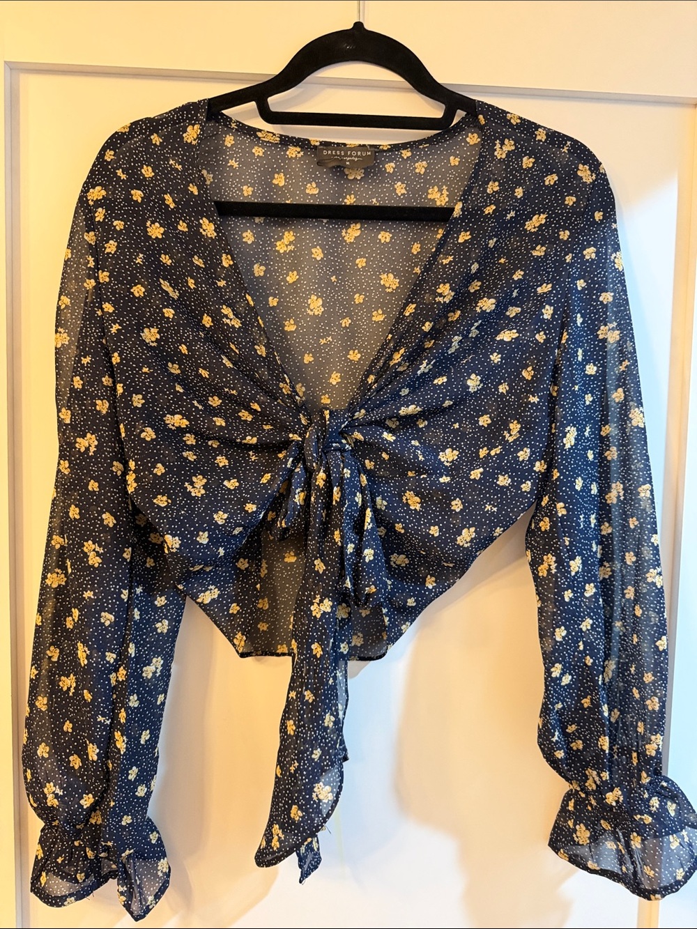Dress Forum Navy Yellow Floral Tie-Front Sheer Blouse